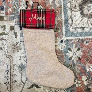 Plaid Holiday Stocking with Embroidered 'Mom'